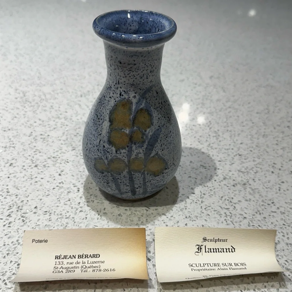 Vintage Blue Speckled Studio Pottery Vase with Floral Detail - Picture 5 of 7
